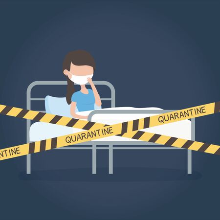 virus covid 19 quarantine, woman with protective mask in bed hospital tape restrictedのイラスト素材
