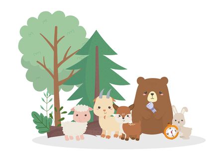 camping cute bear rabbit sheep goat deer with lantern and compass cartoon vector illustrationのイラスト素材