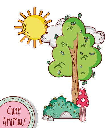 cute animals, badge tree bush mushroom sun cartoon vector illustrationのイラスト素材