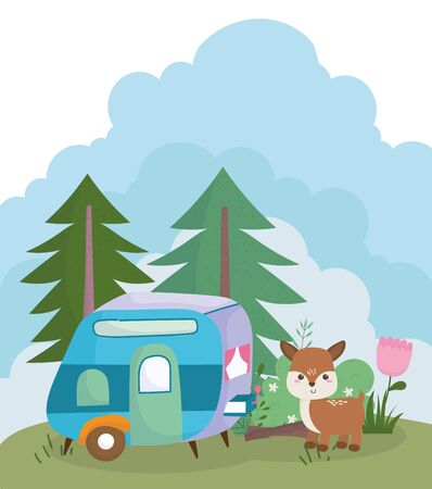 camping cute deer trailer flowers trees nature cartoonのイラスト素材