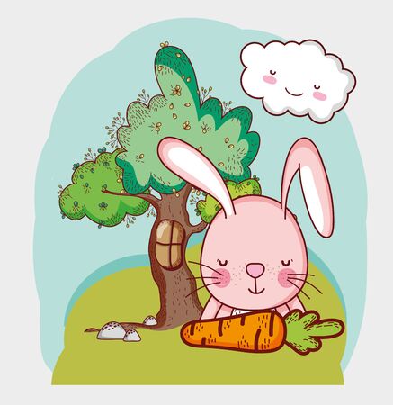 cute animals, pink rabbit with carrot tree grass cartoon vector illustrationのイラスト素材