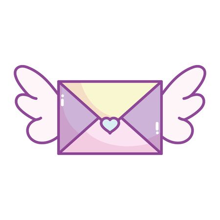 happy valentines day, envelope mail with wings heart cartoon vector illustrationのイラスト素材