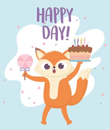 happy day, little fox with cake and candy in stick vector illustrationのイラスト素材