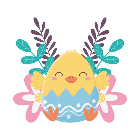 happy easter day, chicken in eggshell flowers foliage decoration vector illustrationのイラスト素材