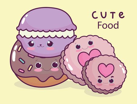 cute food macaroon donut and cookies sweet dessert pastry cartoonのイラスト素材