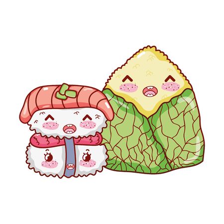 kawaii rice cake food japanese cartoon, sushi and rollsのイラスト素材
