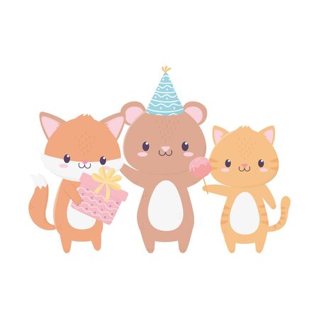 happy birthday animals with party hat gift candy celebration decorationのイラスト素材
