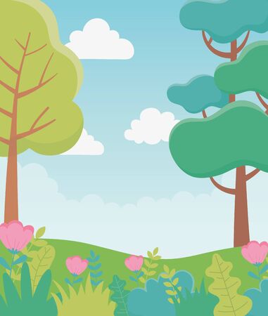 landscape flowers floral trees bush foliage nature greenery image vector illustrationのイラスト素材