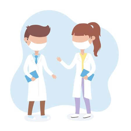 virus covid 19 quarantine, female and male doctors professional with masks vector illustrationのイラスト素材