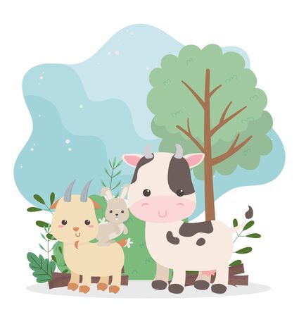 camping cute cow rabbit and goat tree bush nature cartoonのイラスト素材