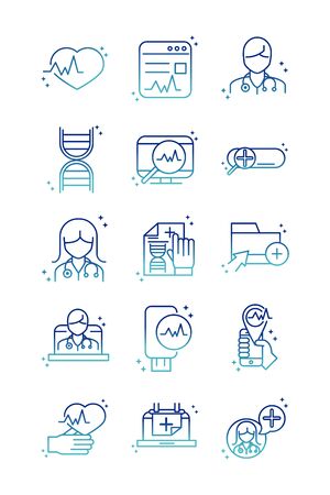 online health, medical assistance support consultation icon set vector illustration covid 19 pandemic gradient line iconのイラスト素材