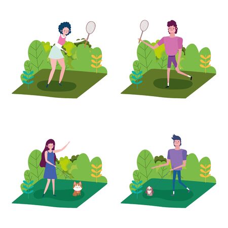couples walking with dogs and outdoor healthy lifeのイラスト素材