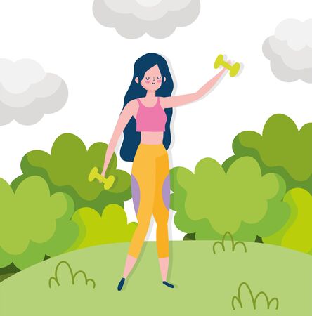 young woman with weight dumbbell outdoor healthy lifeのイラスト素材