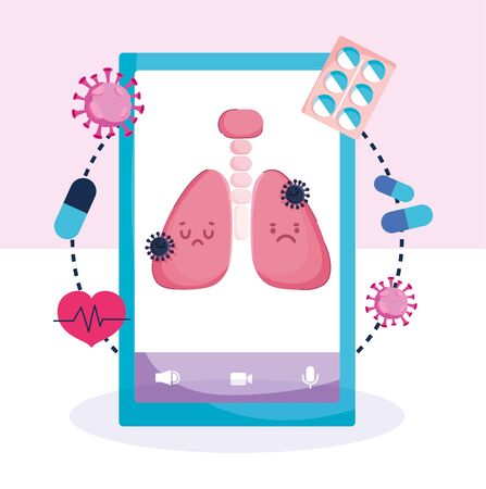 online health, smartphone lung disease medicine vector illustration covid 19 pandemicのイラスト素材