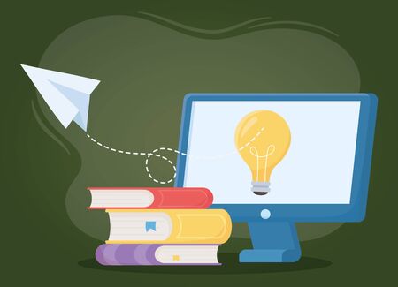 online education, computer idea books and paper plane vector illustrationのイラスト素材