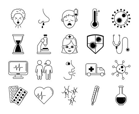 virus covid 19 pandemic respiratory illness icons set line styleのイラスト素材