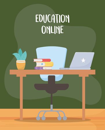 online education, school desk chair laptop books and supplies vector illustrationのイラスト素材