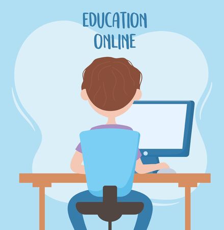 online education, student sitting in chair study with computer back view vector illustrationのイラスト素材