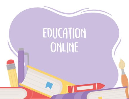 online education, books crayon pen pencil brush poster vector illustrationのイラスト素材