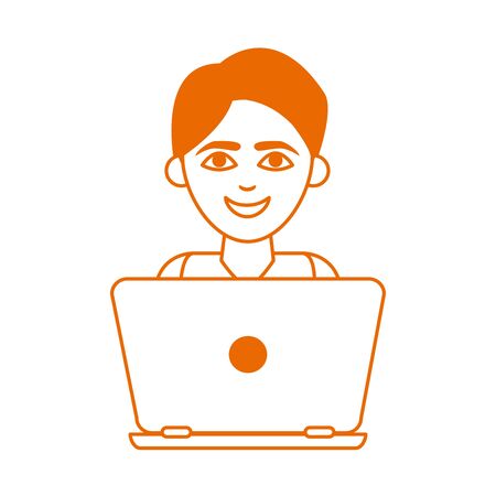 teen with laptop computer home education line color style iconのイラスト素材
