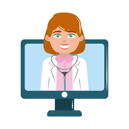 online doctor female in screen computer help care flat style iconのイラスト素材