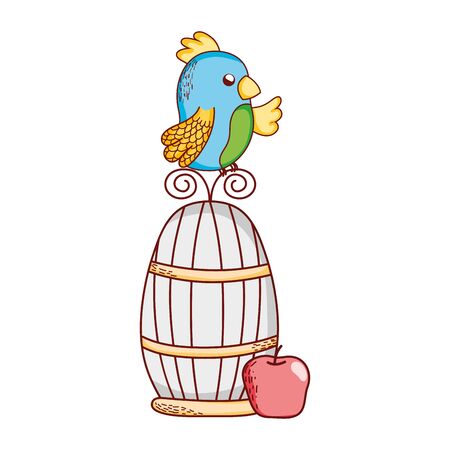 cute animals, parrot on cage with apple nature cartoonのイラスト素材