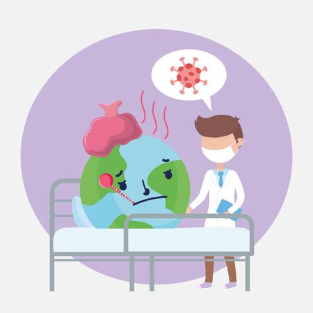 covid 19 coronavirus pandemic, doctor caring sick world in hospital bedのイラスト素材