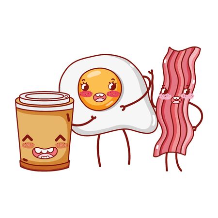 breakfast cute bacon fried egg and plastic coffee cup cartoonのイラスト素材