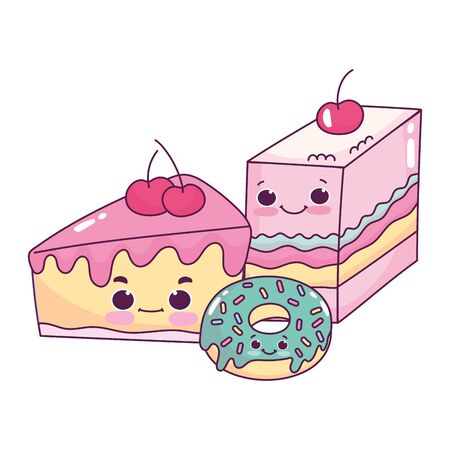 cute food jelly cake and donut sweet dessert pastry cartoon vector illustration isolated designのイラスト素材