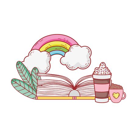 open book chocolate cup and frape rainbow grass cartoonのイラスト素材