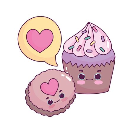 cute food cupcake and cookie love heart sweet dessert pastry cartoon isolated designのイラスト素材