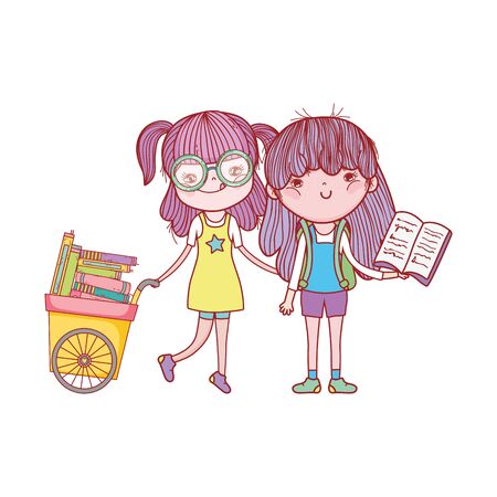 cute girl with glasses cart with books and girl with open bookのイラスト素材