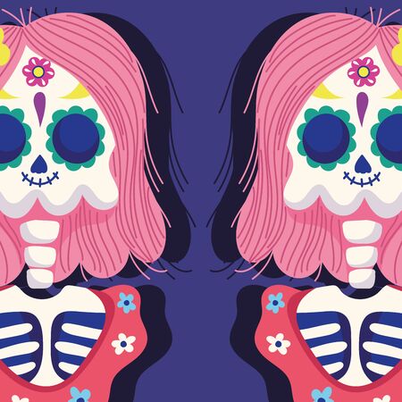 day of the dead, women skeleton clothes flowers traditional mexican celebration vector illustrationのイラスト素材