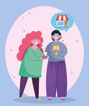 man and woman using smartphone ordering ecommerce online shopping vector illustration covid 19 coronavirusのイラスト素材