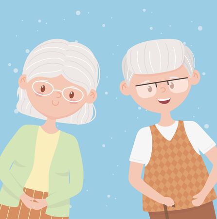 old people, happy grandparents, mature couple cartoon characters vector illustrationのイラスト素材