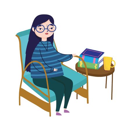 young woman sitting in chair and table with books coffee cup vector illustration, book dayのイラスト素材