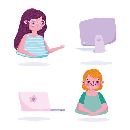 stay at home, young women with laptop freelance and telecommuting quarantine prevention vector illustration covid 19のイラスト素材