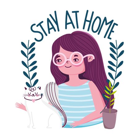 stay at home, young woman with white cat quarantine prevention, vector illustration covid 19のイラスト素材