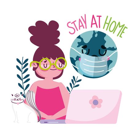 stay at home, young woman with cat laptop world with mask quarantine vector illustration covid 19のイラスト素材