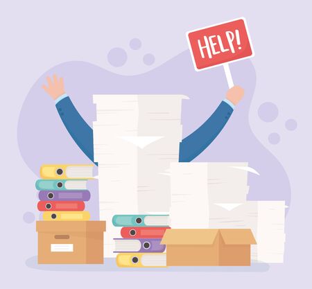 hands help placard paperwork stack binders folder boxes office work frustration stress vector illustrationのイラスト素材