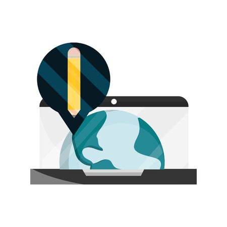 laptop world virtual pencil online education vector illustration isolated icon shadowのイラスト素材