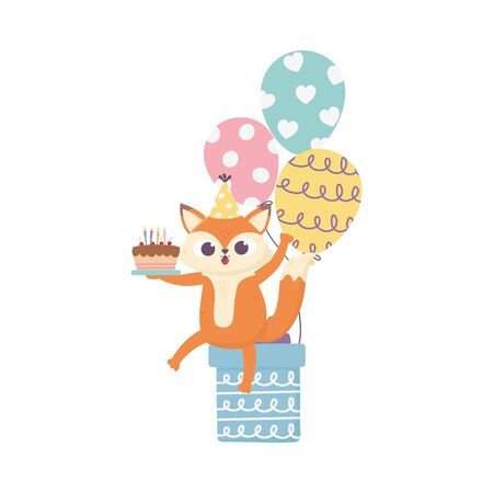 happy day, little fox sitting on gift with cake balloons pennantsのイラスト素材