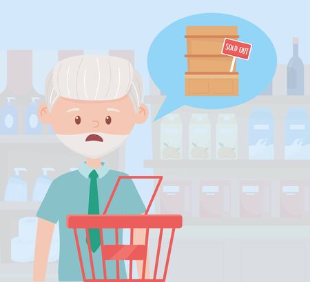 old man with empty shopping basket sold out shelf, excess purchase vector illustrationのイラスト素材