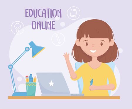 education online student girl with pen laptop and stationery suppliesのイラスト素材
