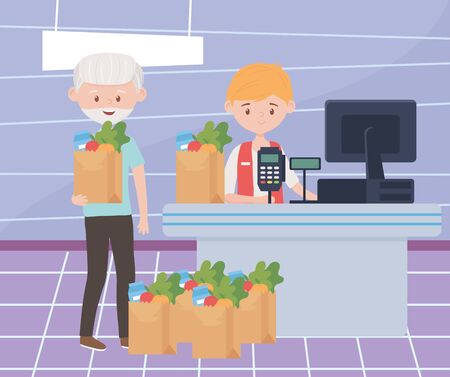 old man with many grocery paper bags waiting pay in cash register excess purchaseのイラスト素材
