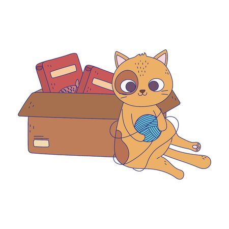 cats make me happy, cat playing ball of wool and box with foodのイラスト素材