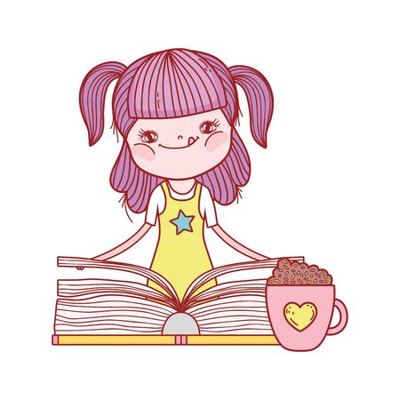 little girl holding book and chocolate cup isolated designのイラスト素材