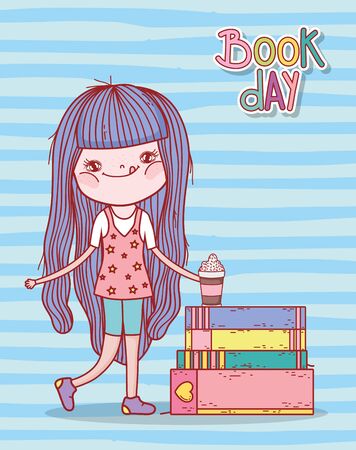 little girl with smoothie and stacked books stripes backgroundのイラスト素材
