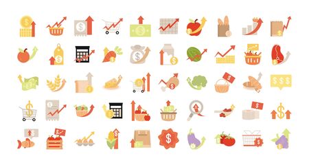 rising food prices, market commerce economy crisis icons set vector illustration flat style iconのイラスト素材