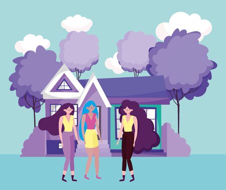 group women characters house and trees scenery design vector illustrationのイラスト素材